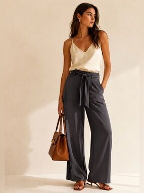 Aritzia Babaton Quillan Tie Waist Wide Leg Pants Pockets Quiet Luxury Size 4